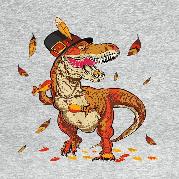 Thanksgiving T Rex Dinosaur Eating Turkey Leg by Artmoo